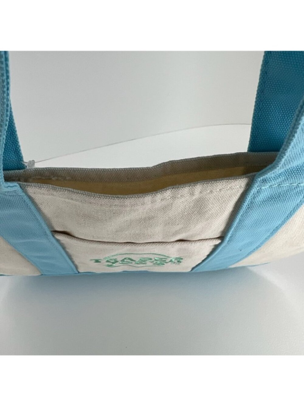 Trader Joes Mini Pastel Canvas Tote Bag Women Grocery Shopper Handbag Blue Beige - Picture 10 of 12